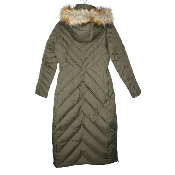 Larry Levine Long Midi Down Filled Parka Coat Faux Fur Hood Olive Green Quilted - Picture 7 of 15
